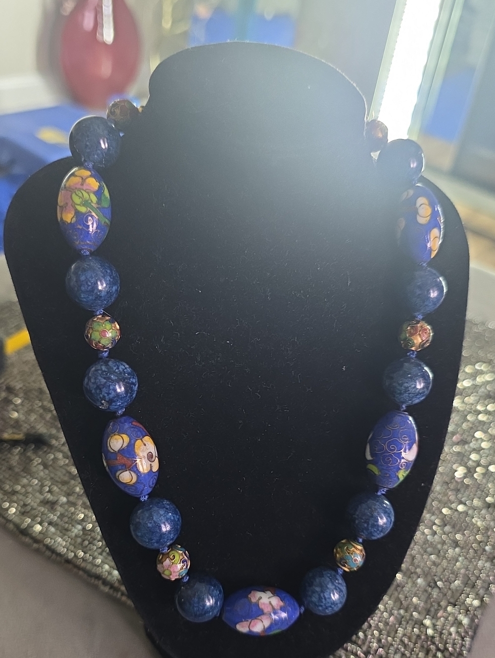 Handcrafted Blue Cloisonné and Stone Bead Necklace